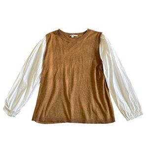 Chicos Womens SZ L Rust Brown Knit Top With White Puff Sleeves